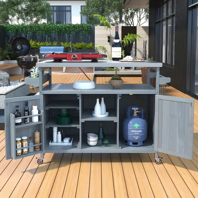 Isola da cucina per esterni, carrello bar con ruote e mobile contenitore, tavolo per griglia da esterni in legno massello stile rustico con piano in acciaio inossidabile