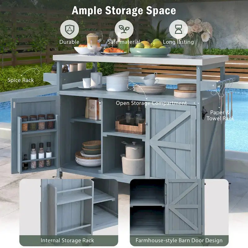 Isola da cucina per esterni, carrello bar con ruote e mobile contenitore, tavolo per griglia da esterni in legno massello stile rustico con piano in acciaio inossidabile