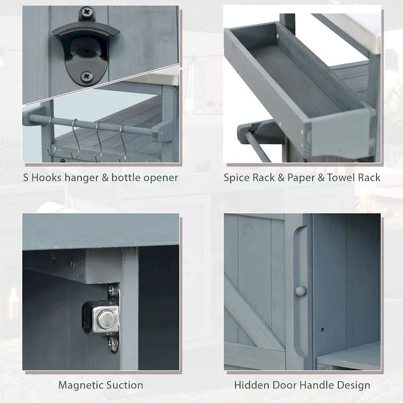 Isola da cucina per esterni, carrello bar con ruote e mobile contenitore, tavolo per griglia da esterni in legno massello stile rustico con piano in acciaio inossidabile