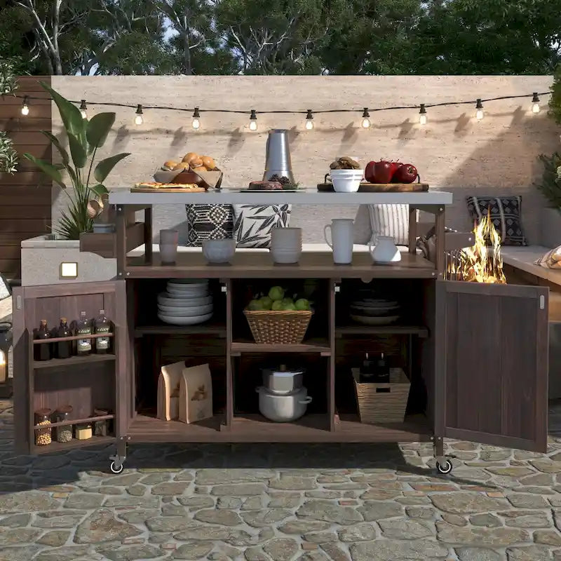 Isola da cucina per esterni, carrello bar con ruote e mobile contenitore, tavolo per griglia da esterni in legno massello stile rustico con piano in acciaio inossidabile