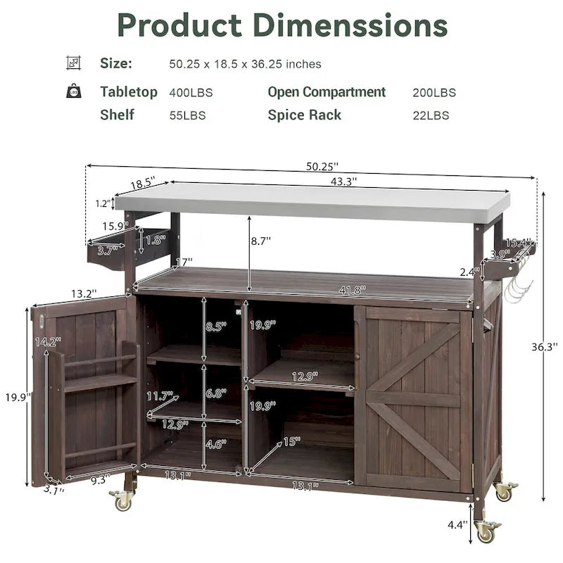 Isola da cucina per esterni, carrello bar con ruote e mobile contenitore, tavolo per griglia da esterni in legno massello stile rustico con piano in acciaio inossidabile