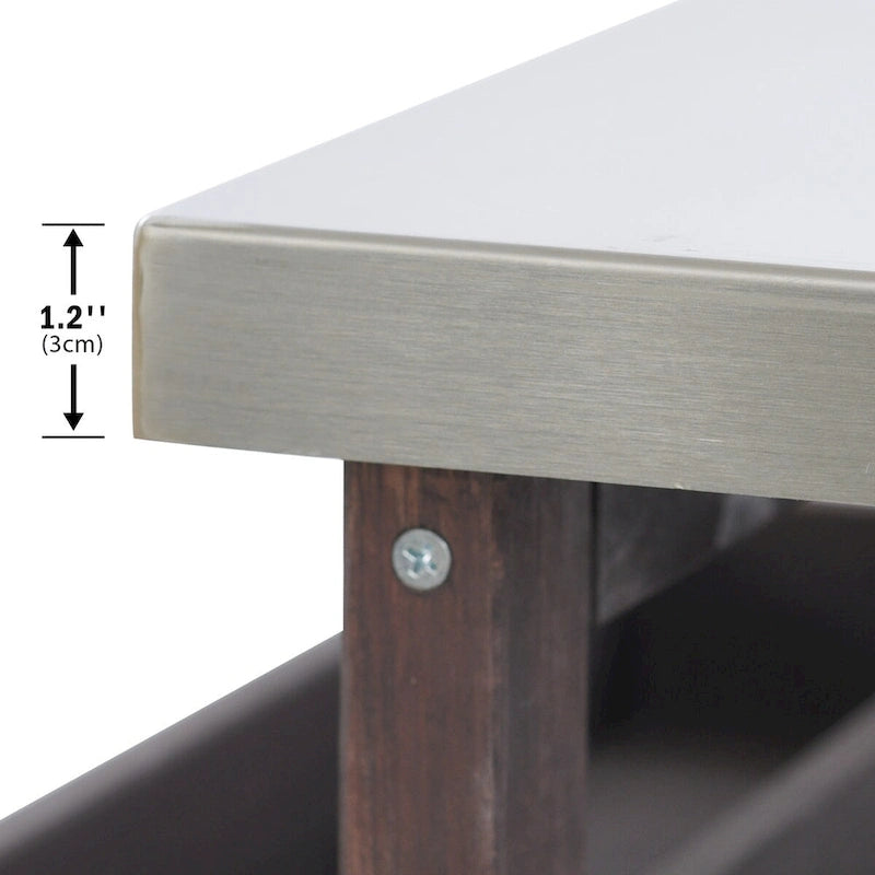 Isola da cucina per esterni, carrello bar con ruote e mobile contenitore, tavolo per griglia da esterni in legno massello stile rustico con piano in acciaio inossidabile
