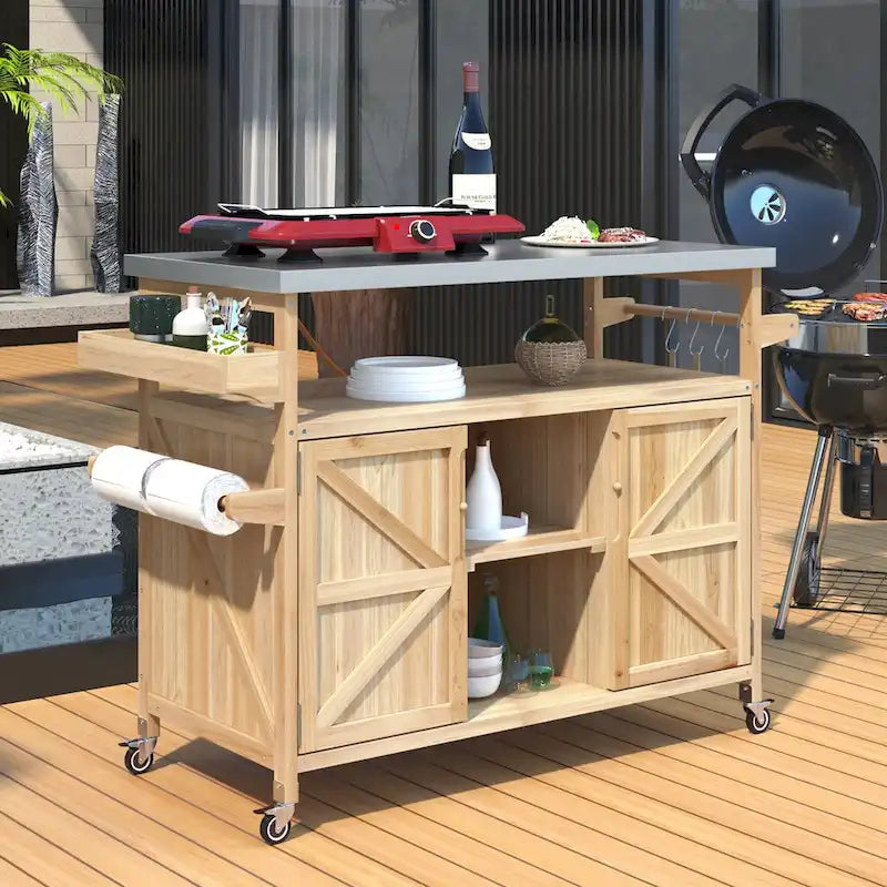 Isola da cucina per esterni, carrello bar con ruote e mobile contenitore, tavolo per griglia da esterni in legno massello stile rustico con piano in acciaio inossidabile