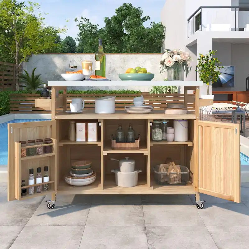 Isola da cucina per esterni, carrello bar con ruote e mobile contenitore, tavolo per griglia da esterni in legno massello stile rustico con piano in acciaio inossidabile