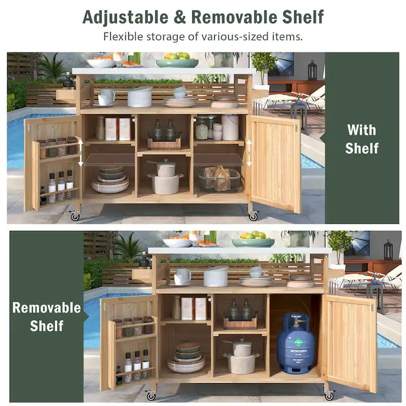 Isola da cucina per esterni, carrello bar con ruote e mobile contenitore, tavolo per griglia da esterni in legno massello stile rustico con piano in acciaio inossidabile