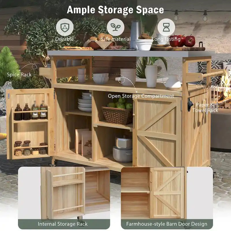 Isola da cucina per esterni, carrello bar con ruote e mobile contenitore, tavolo per griglia da esterni in legno massello stile rustico con piano in acciaio inossidabile