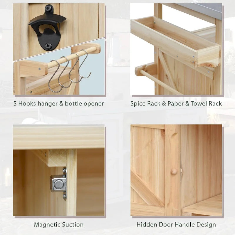 Isola da cucina per esterni, carrello bar con ruote e mobile contenitore, tavolo per griglia da esterni in legno massello stile rustico con piano in acciaio inossidabile