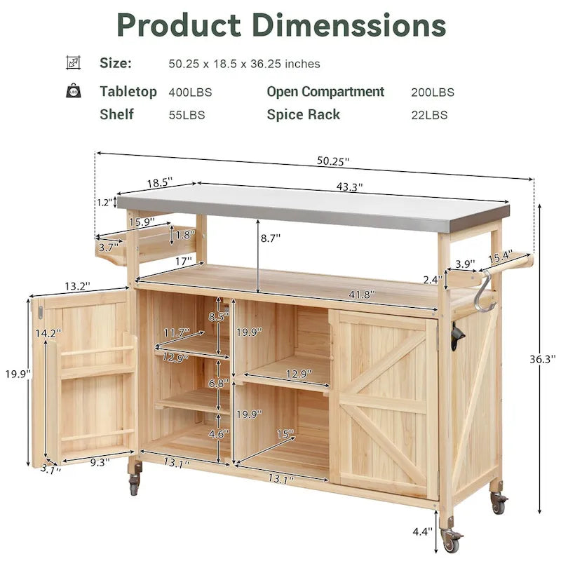 Isola da cucina per esterni, carrello bar con ruote e mobile contenitore, tavolo per griglia da esterni in legno massello stile rustico con piano in acciaio inossidabile