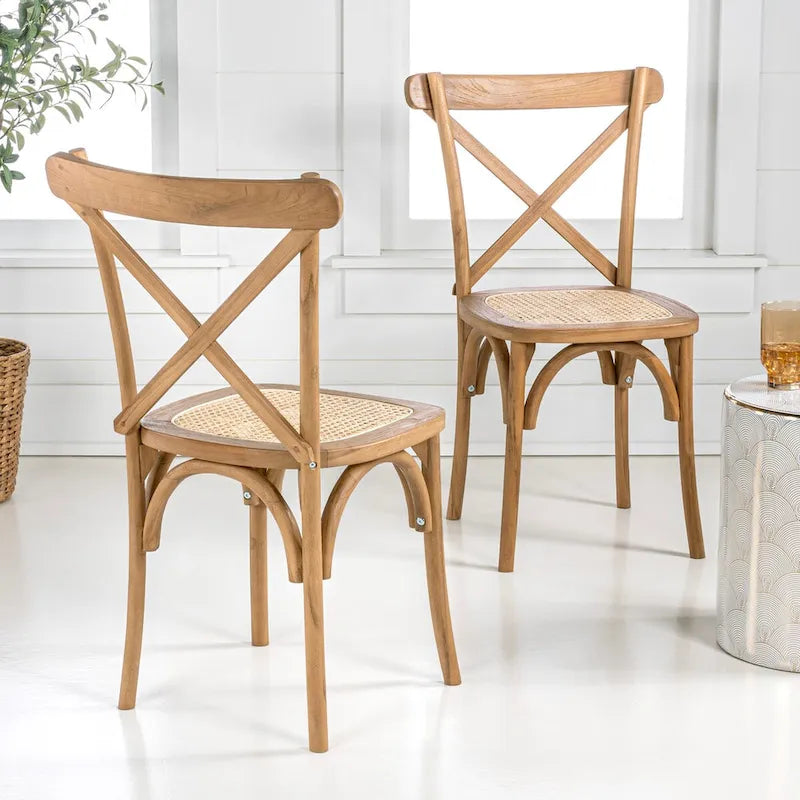 Colmar Classic Traditional X-Back Wood Rattan Dining Chair, Natural (Set of 2) by JONATHAN Y