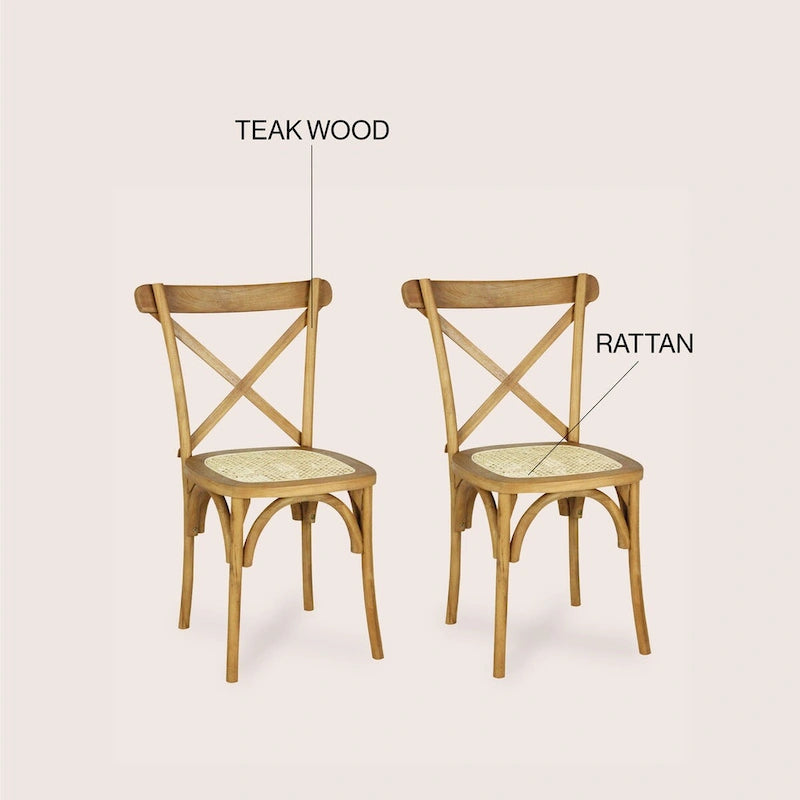 Colmar klasszikus, hagyományos, X háttámlás, természetes színű fa- és rattan étkezőszék, JONATHAN Y, 2 darabos készlet