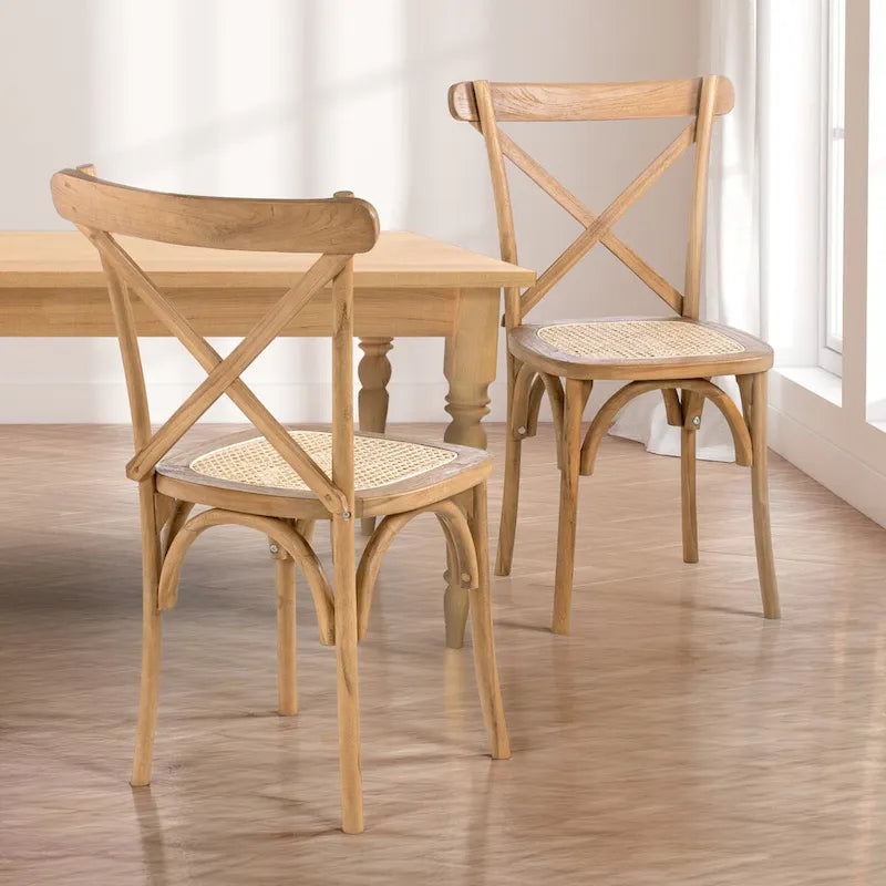 Colmar klasszikus, hagyományos, X háttámlás, természetes színű fa- és rattan étkezőszék, JONATHAN Y, 2 darabos készlet