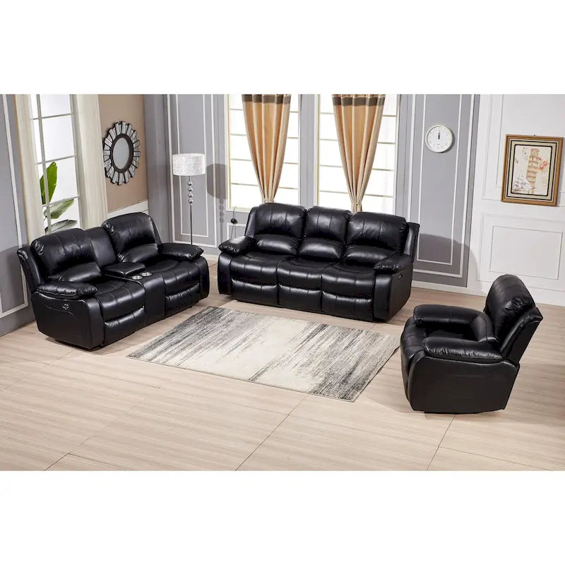 Juego de sala reclinable eléctrico de 3 piezas Betsy Furniture de cuero regenerado: sofá, loveseat y sillón