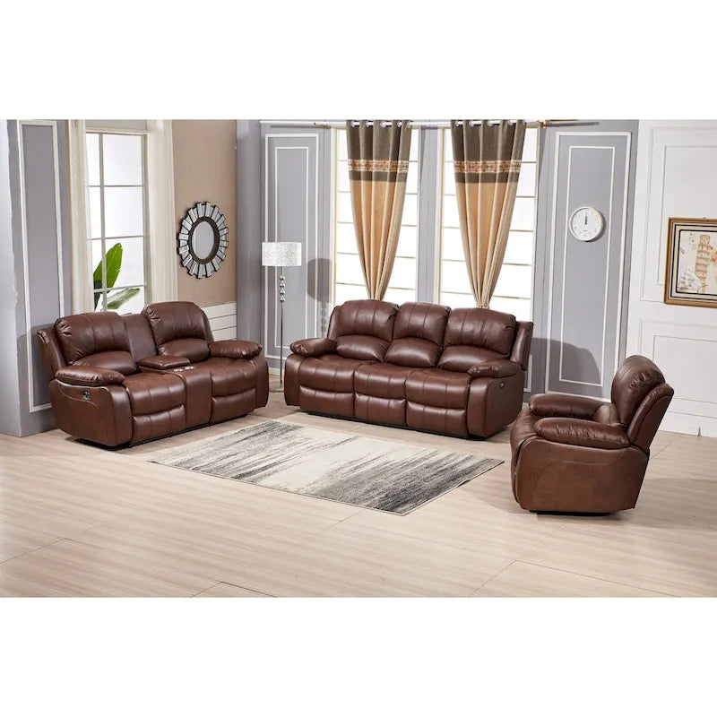 Juego de sala reclinable eléctrico de 3 piezas Betsy Furniture de cuero regenerado: sofá, loveseat y sillón