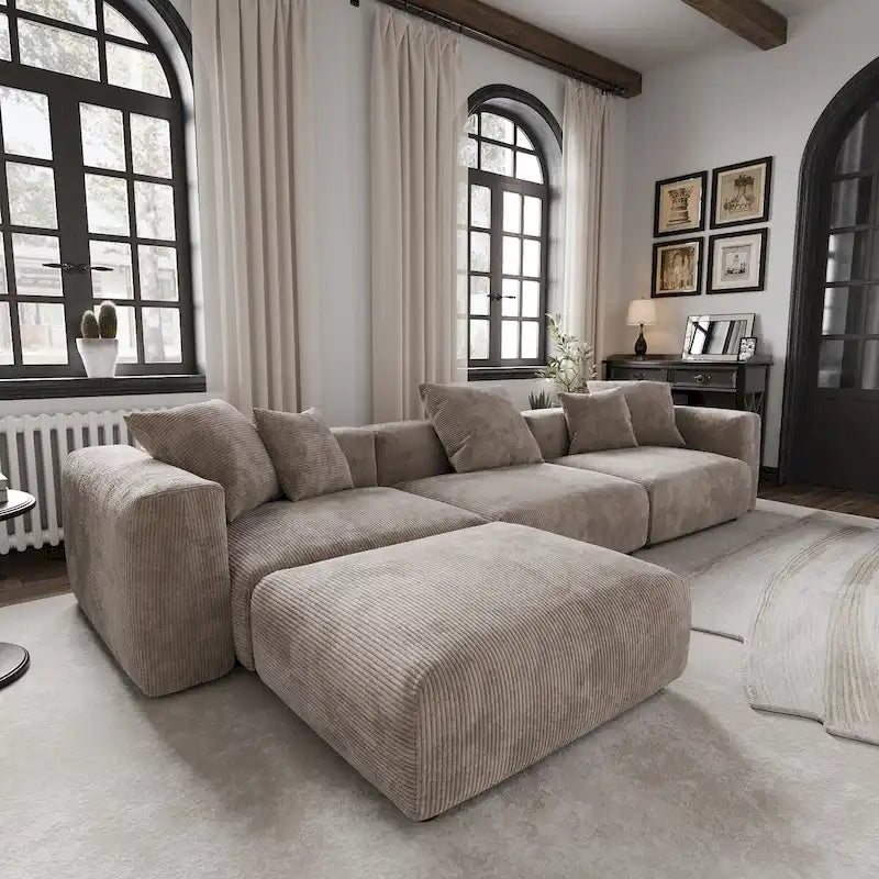 Divano componibile moderno con 5 cuscini, divano modulare componibile di lusso con chaise longue e pouf