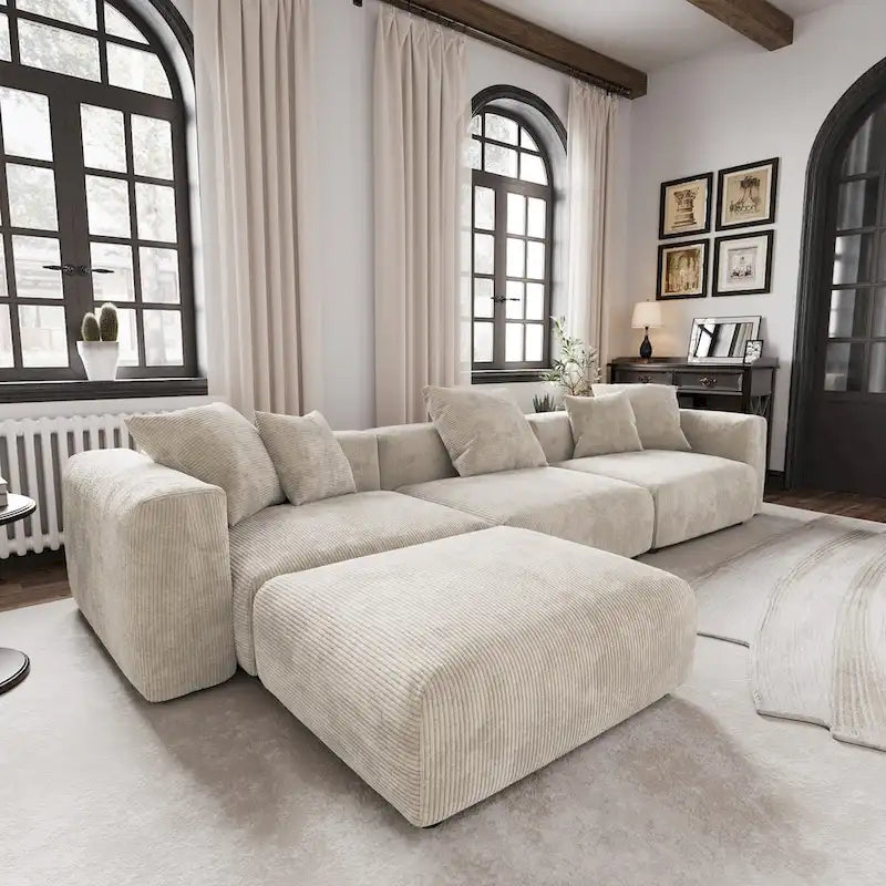 Divano componibile moderno con 5 cuscini, divano modulare componibile di lusso con chaise longue e pouf