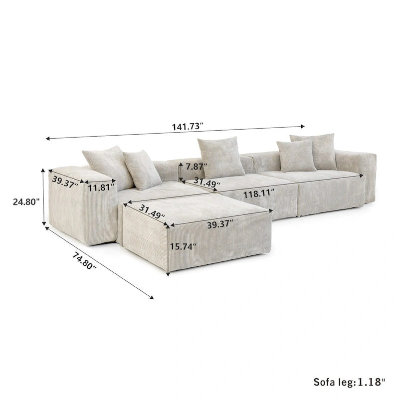 Divano componibile moderno con 5 cuscini, divano modulare componibile di lusso con chaise longue e pouf