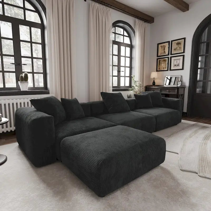 Divano componibile moderno con 5 cuscini, divano modulare componibile di lusso con chaise longue e pouf