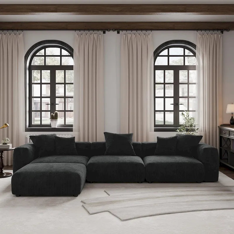 Divano componibile moderno con 5 cuscini, divano modulare componibile di lusso con chaise longue e pouf