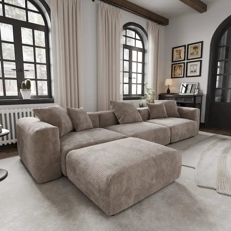 Divano componibile moderno con 5 cuscini, divano modulare componibile di lusso con chaise longue e pouf