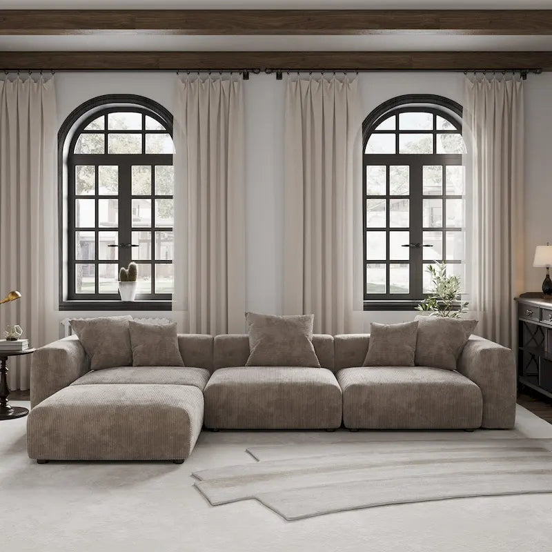 Divano componibile moderno con 5 cuscini, divano modulare componibile di lusso con chaise longue e pouf