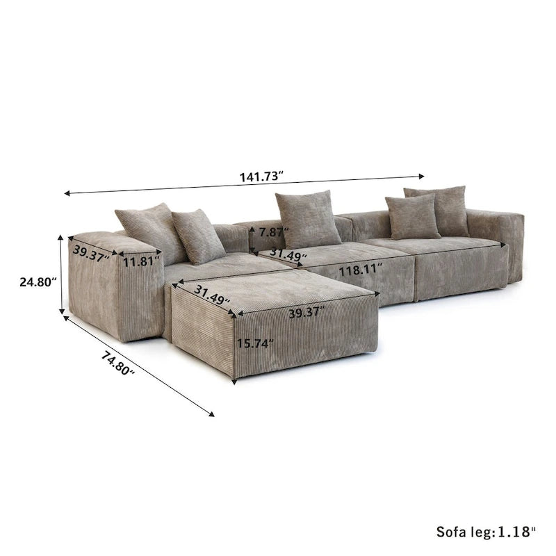 Divano componibile moderno con 5 cuscini, divano modulare componibile di lusso con chaise longue e pouf