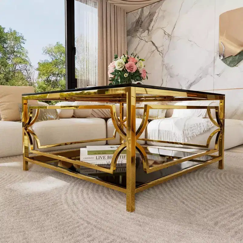Merax Square Coffee Table with Black or Clear Glass Top and Two-Tier Display Shelf