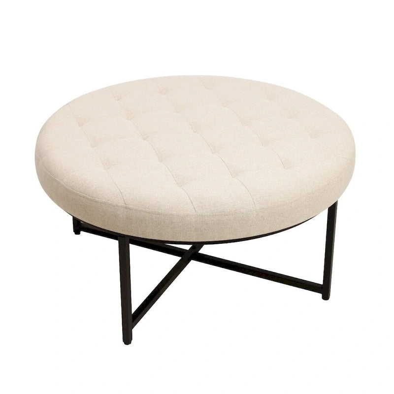 Pouf rond capitonné en coton et lin avec structure en fer