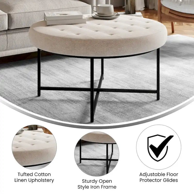 Pouf rond capitonné en coton et lin avec structure en fer