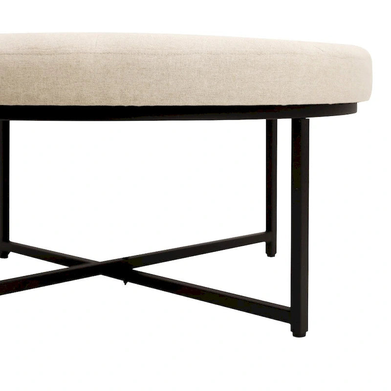 Pouf rond capitonné en coton et lin avec structure en fer