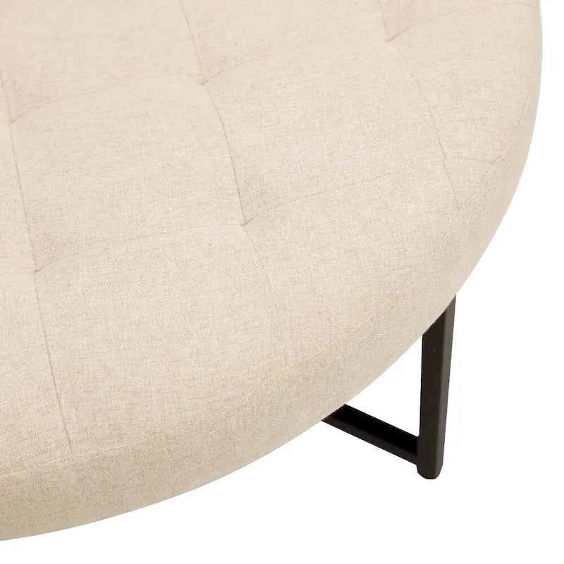Pouf rond capitonné en coton et lin avec structure en fer