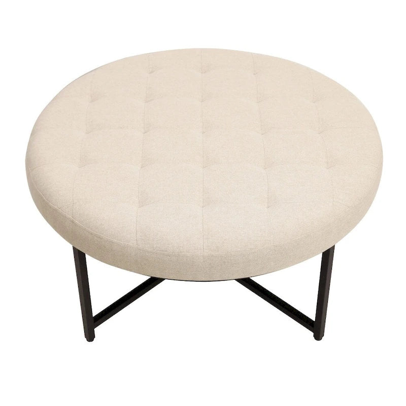 Pouf rond capitonné en coton et lin avec structure en fer