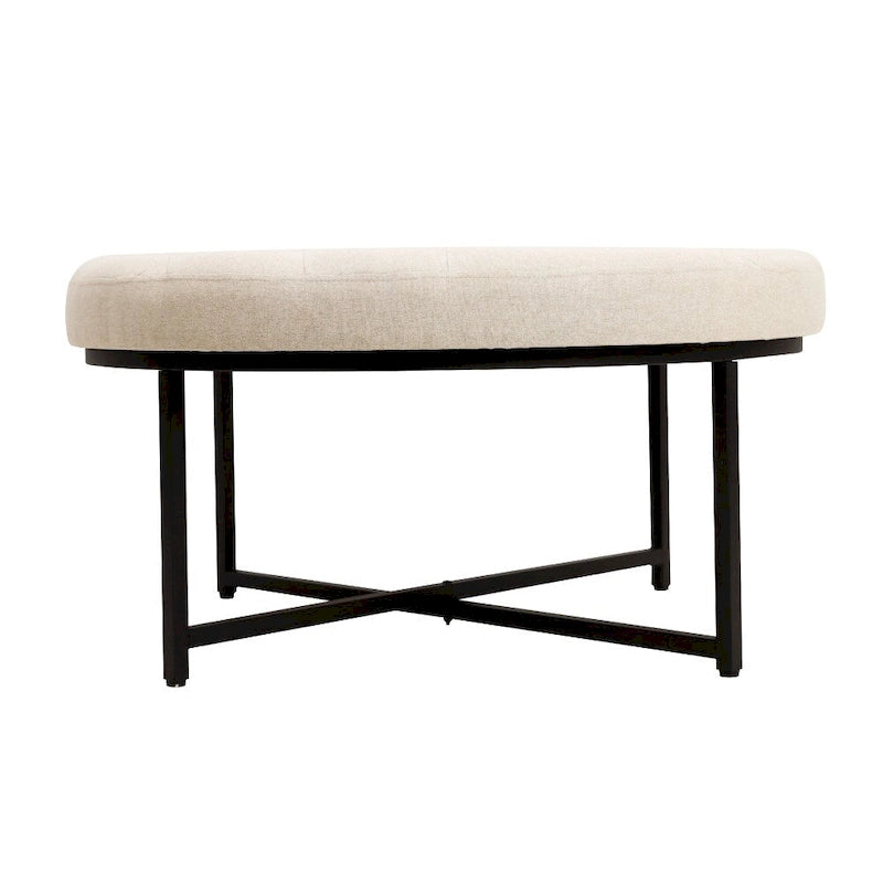Pouf rond capitonné en coton et lin avec structure en fer