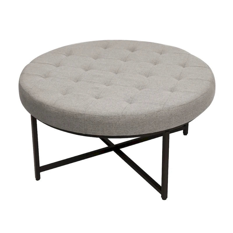 Pouf rond capitonné en coton et lin avec structure en fer