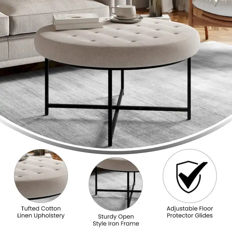 Pouf rond capitonné en coton et lin avec structure en fer