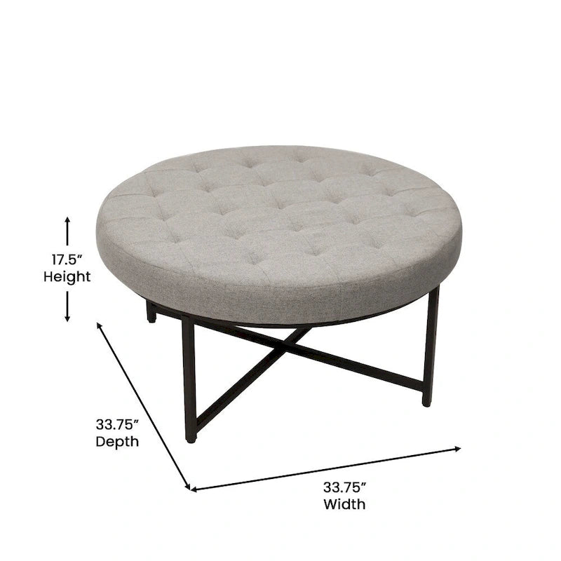 Pouf rond capitonné en coton et lin avec structure en fer