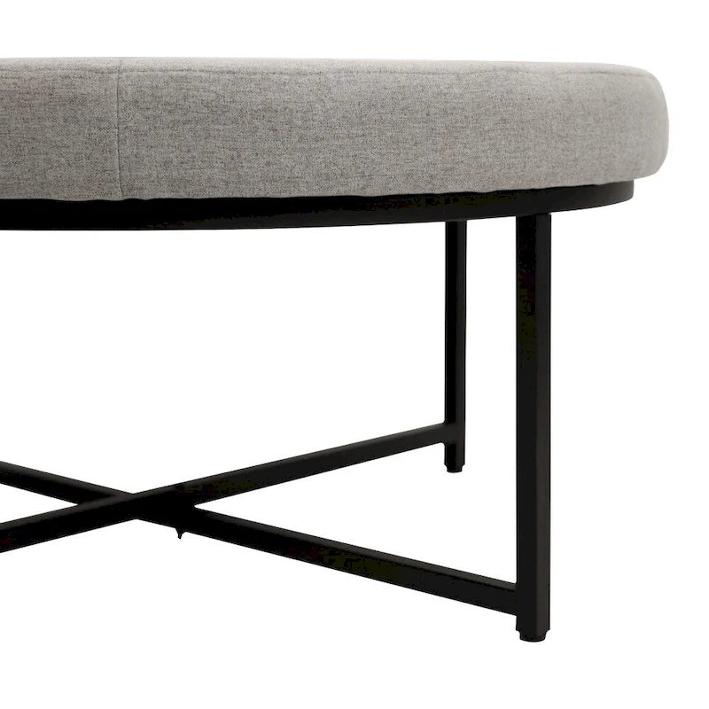 Pouf rond capitonné en coton et lin avec structure en fer