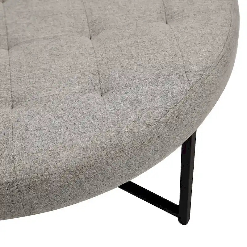 Pouf rond capitonné en coton et lin avec structure en fer