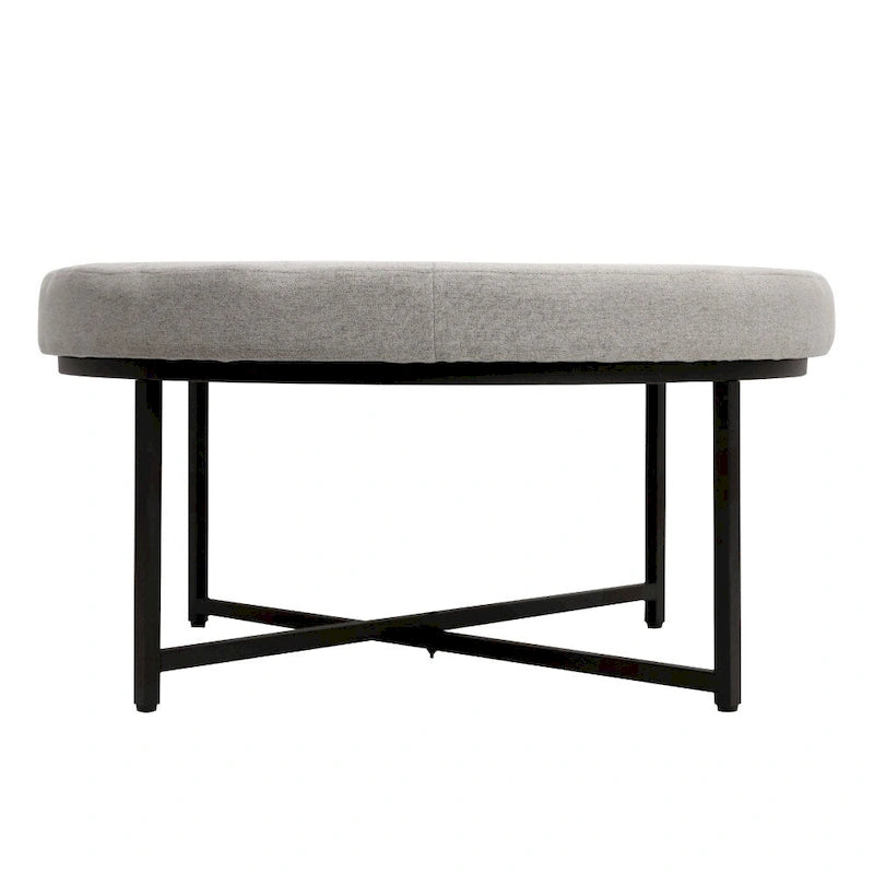 Pouf rond capitonné en coton et lin avec structure en fer