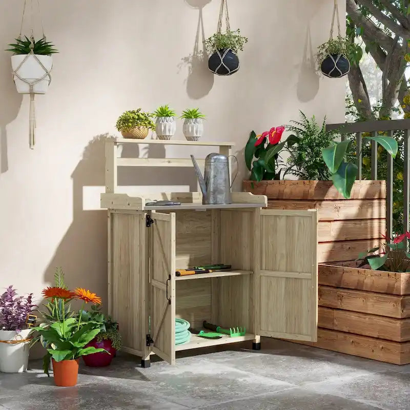 Banco da giardinaggio, tavolo da rinvaso in legno con armadietto contenitore e 2 ripiani, piano di lavoro da giardino con superficie zincata