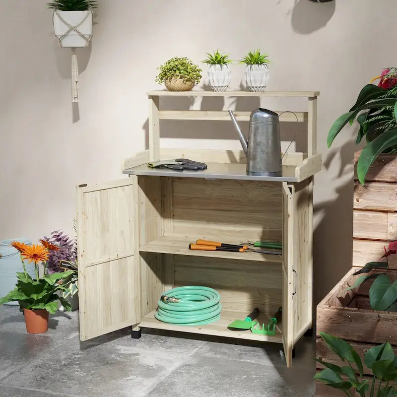 Banco da giardinaggio, tavolo da rinvaso in legno con armadietto contenitore e 2 ripiani, piano di lavoro da giardino con superficie zincata