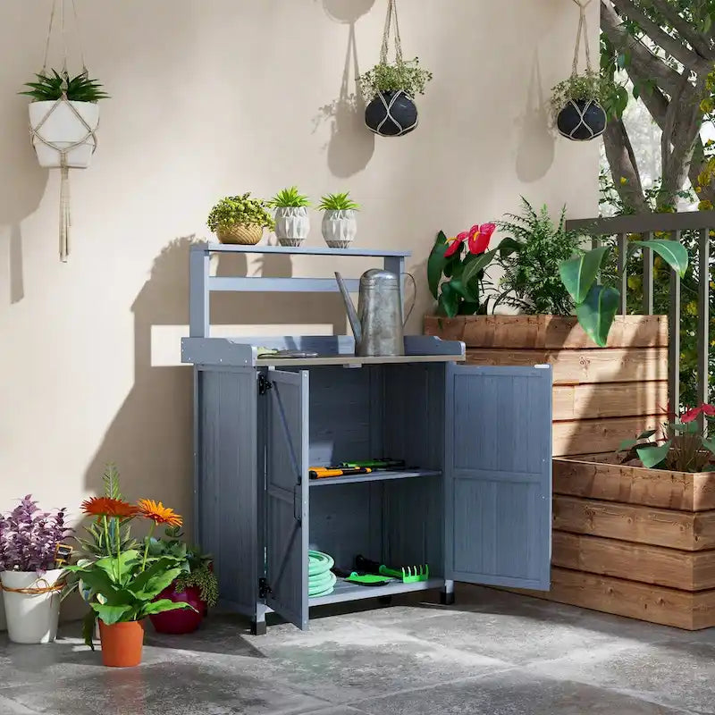 Banco da giardinaggio, tavolo da rinvaso in legno con armadietto contenitore e 2 ripiani, piano di lavoro da giardino con superficie zincata