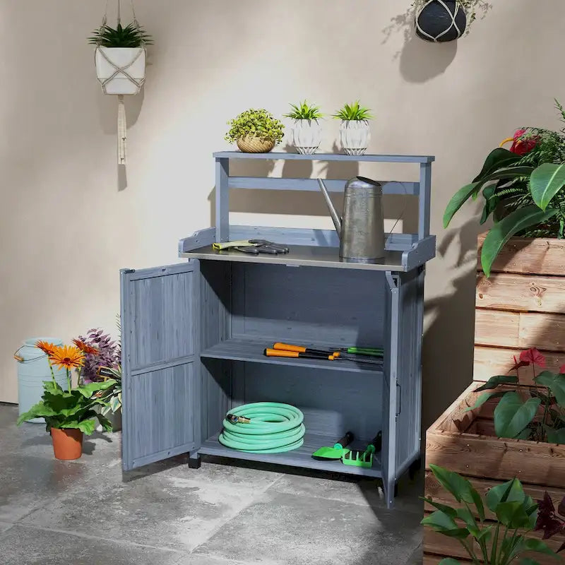 Banco da giardinaggio, tavolo da rinvaso in legno con armadietto contenitore e 2 ripiani, piano di lavoro da giardino con superficie zincata