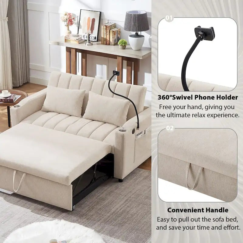 Canapé-lit deux places convertible de 55.9 po avec trois ports USB