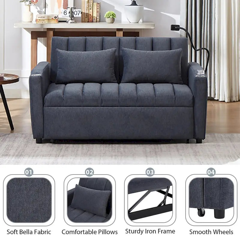 Canapé-lit deux places convertible de 55.9 po avec trois ports USB
