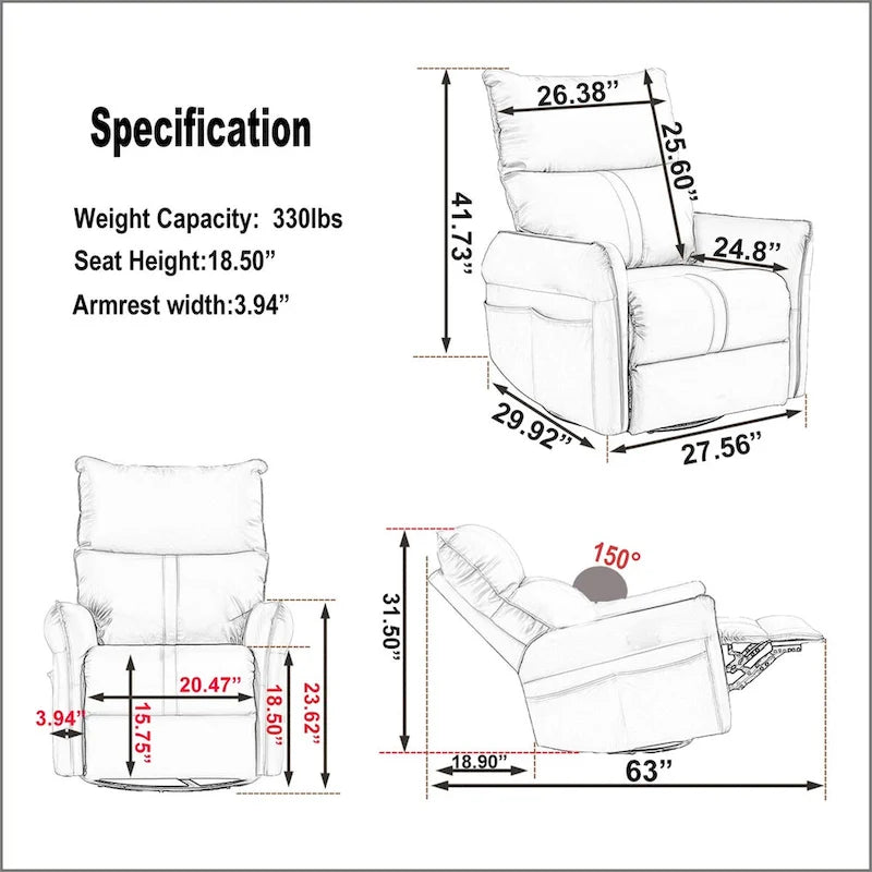 MERAX 270 elektrischer drehbarer Schaukelrecliner mit USB-Anschlüssen