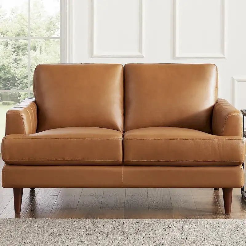 Sofá de dos plazas Cassia de Ivy Living, de cuero de grano superior, con espuma viscoelástica de plumas y resortes