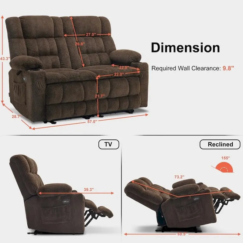 Canapé inclinable 2 places électrique MCombo, avec chauffage et vibration, porte-gobelets et ports de recharge USB RS6314