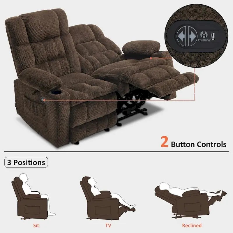 Canapé inclinable 2 places électrique MCombo, avec chauffage et vibration, porte-gobelets et ports de recharge USB RS6314