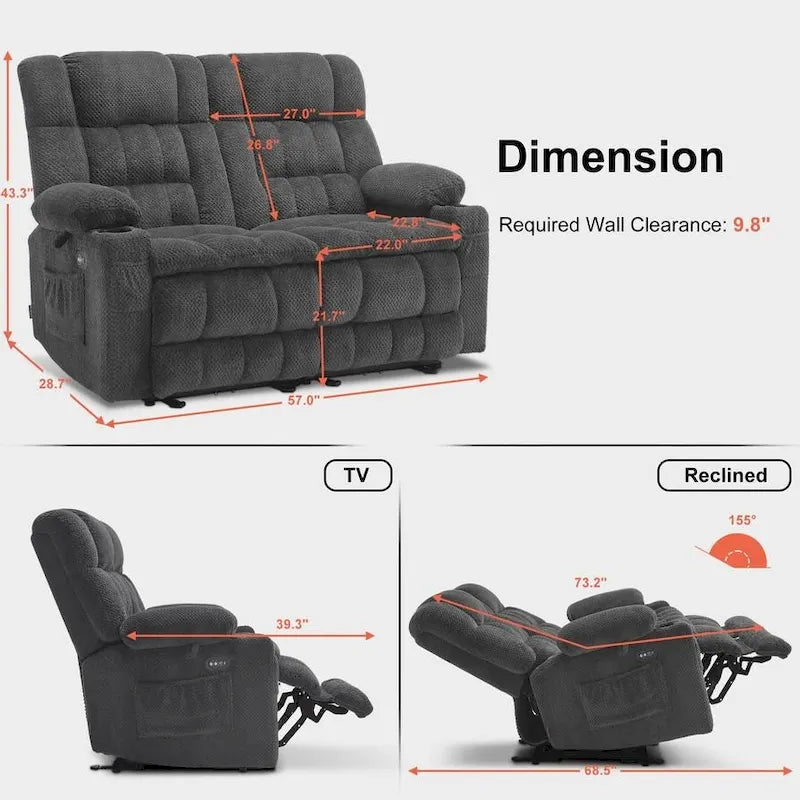 Canapé inclinable 2 places électrique MCombo, avec chauffage et vibration, porte-gobelets et ports de recharge USB RS6314