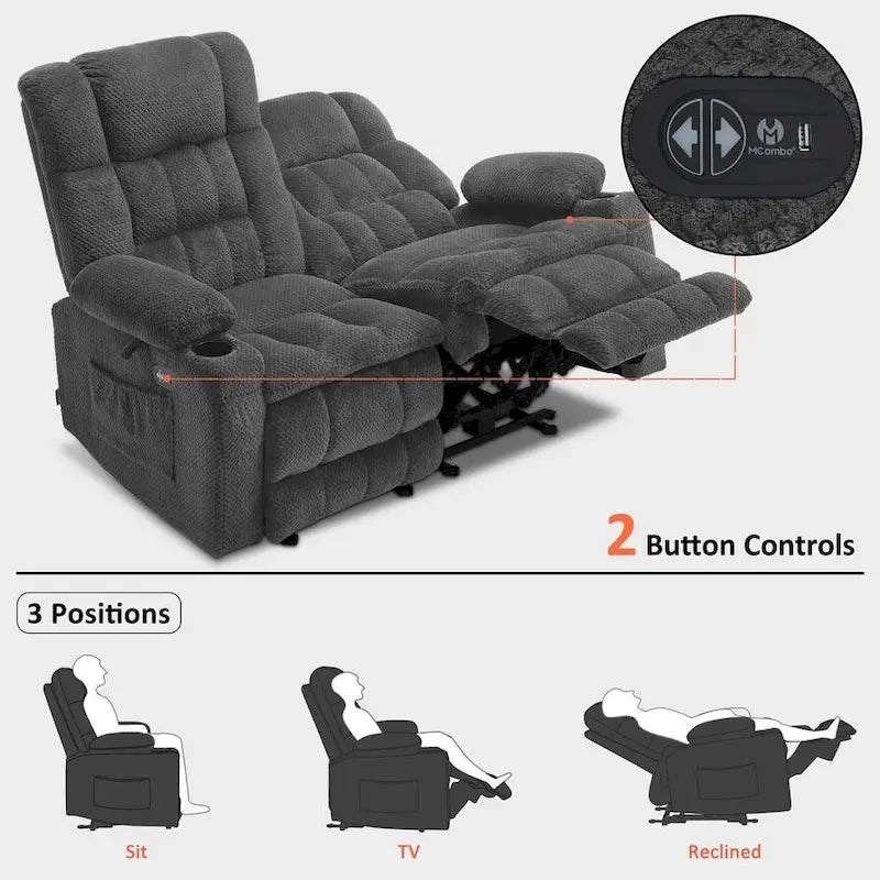 Canapé inclinable 2 places électrique MCombo, avec chauffage et vibration, porte-gobelets et ports de recharge USB RS6314